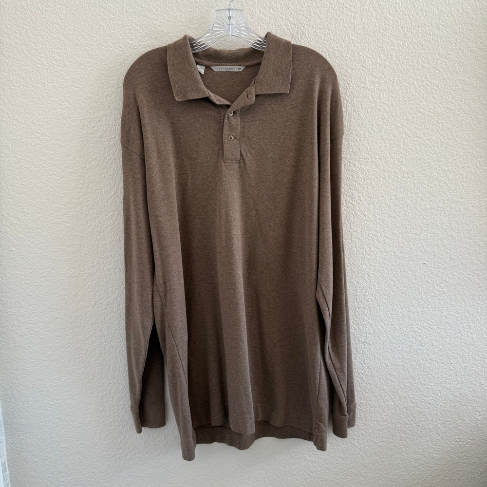 Cutter & Buck Mens Long Sleeve Polo Shirt Brown Combed Cotton Size Large